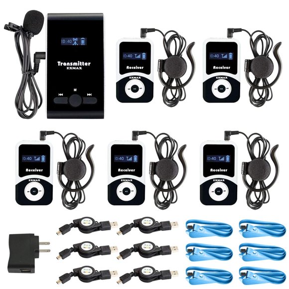 EXMAX® ATG-100T Sistema Inalámbrico de Guía Turística 195MHz con Auriculares Traductores Canal 99 Sistema de Escucha Asistida para Iglesias Traducción en Eventos (1 Transmisor 5 Receptores)