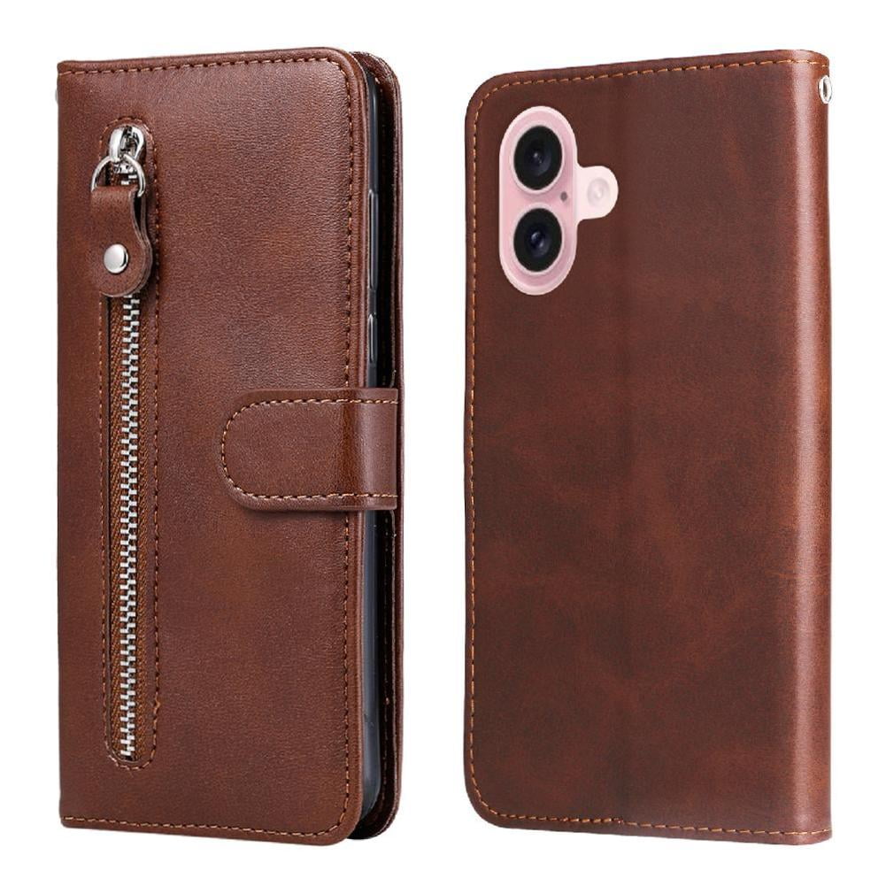 Foxdock - Funda Tipo Cartera Para Iphone 16 Con Bolsillo Con Cremallera Y Ranuras Para Tarjetas – Función De Soporte Marrón