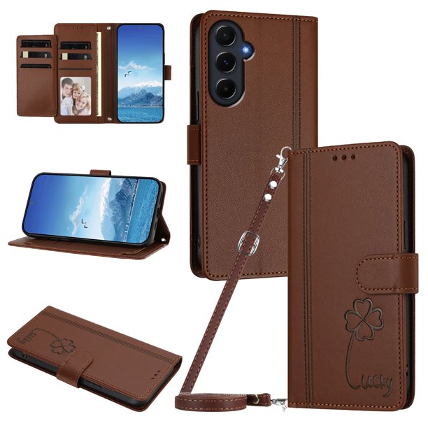 Funda Cartera Trébol para Samsung Galaxy A55 5G con Ranuras Tarjetas y Carga Inalámbrica Marrón
