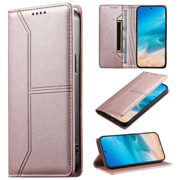 Funda tipo cartera con bloqueo RFID para Samsung Galaxy S22 cubierta magnética de cuero con tapa y soporte Rosa