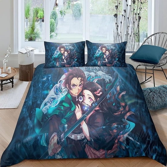 Set 1 Q-uilt Cove-r 2 Pillowc-ases 3D Demon Ani-me Slayer -Printed Comforta-ble Bed Set -Cover for Kids Boys Gi-rls Teens G-ifts Full203x228cm