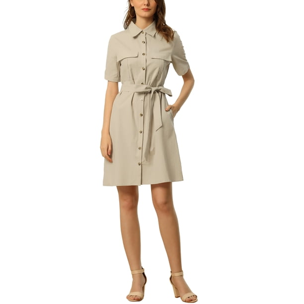 INSPIRE CHIC Vestido Safari de Mujer para Regreso a Clases de Verano con Cuello, Botones, Algodón y Cinturón, Talla M, Beige