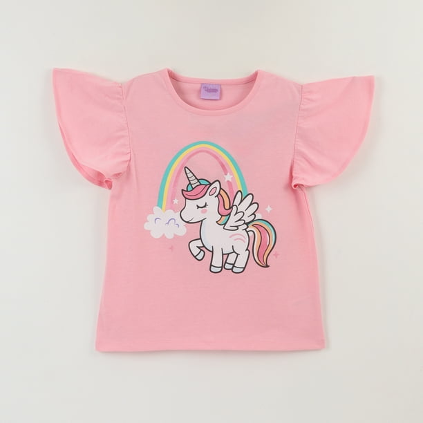 Polera Manga Corta Niña Rosado Arcoíris Unicornio
