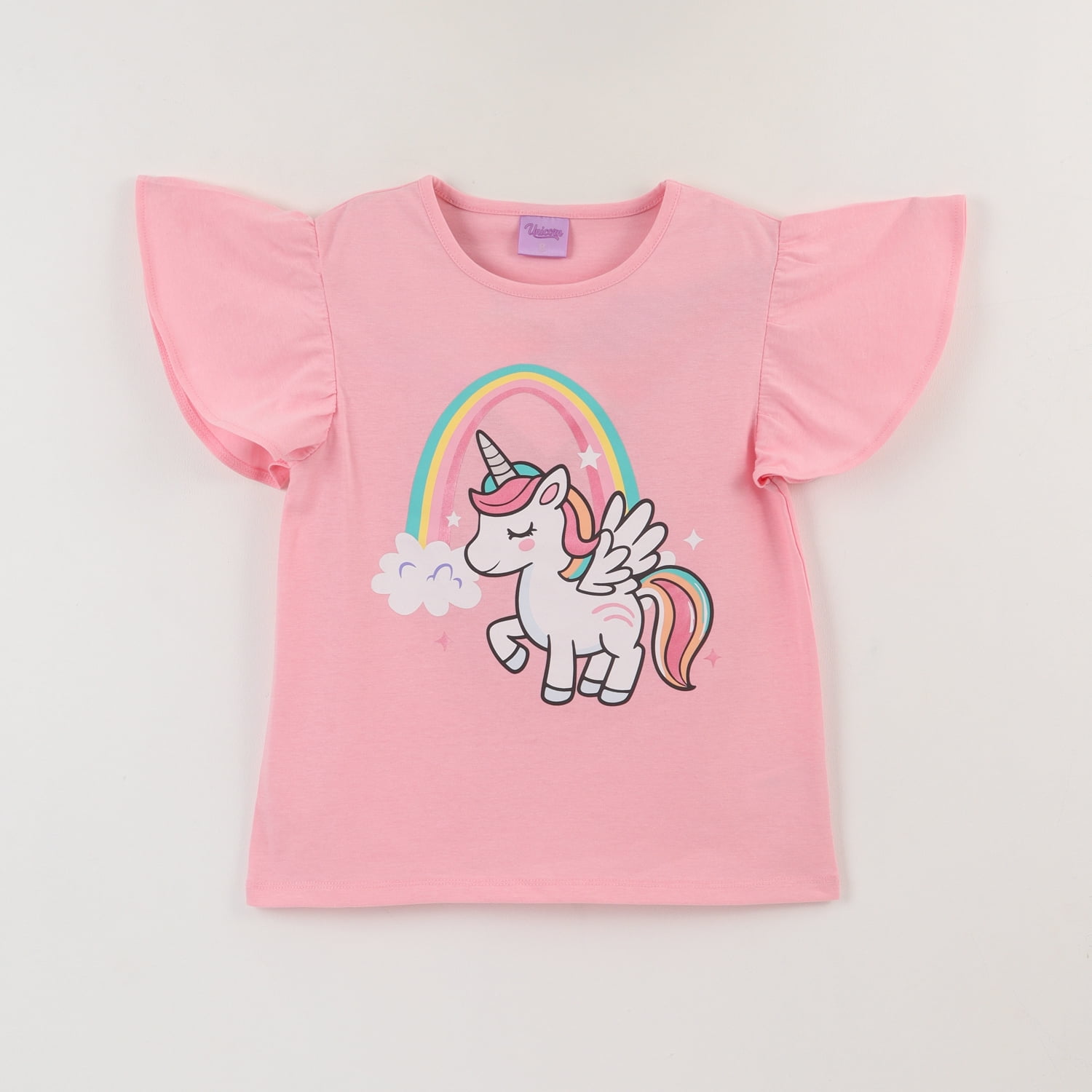 Polera Manga Corta Niña Rosado Arcoíris Unicornio