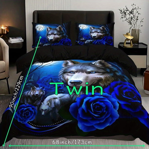 3pcs Fashion Duvet Cover Set, Wolf Blue Rose Print Bedding Set, Soft Comfortable Breathable Duvet Cover, For Bedroom Guest Room Decor (1*Duvet Cover + 2*Pillowcase, Without Core)