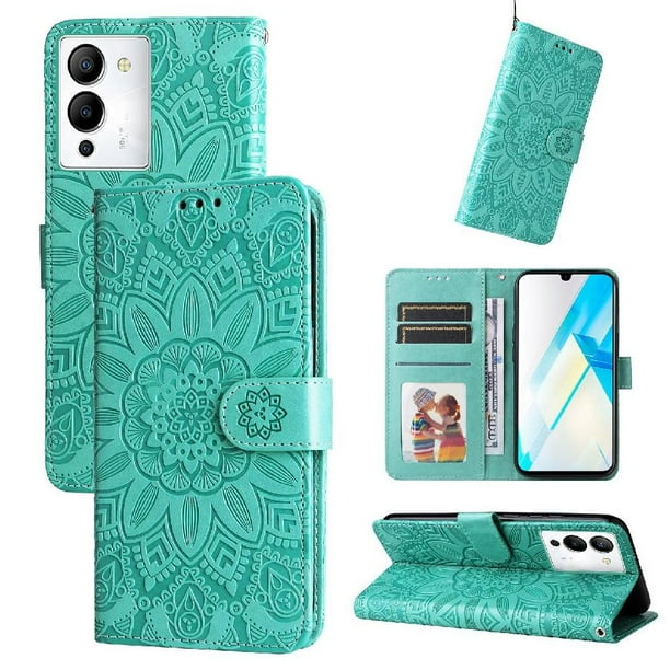 Funda tipo cartera FOXDOCK para Infinix Note 12 , diseño girasol en relieve, cuero PU, cierre magnético, soporte y tarjetero