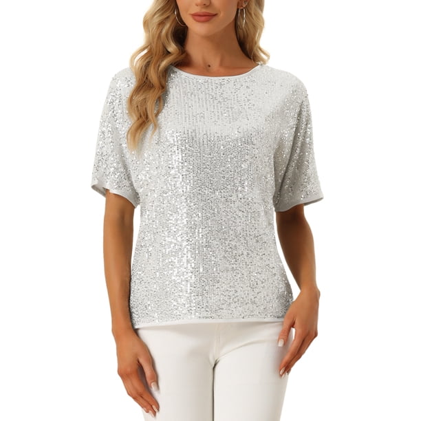 INSPIRE CHIC Camisa de lentejuelas para mujer con mangas dolman brillantes para fiesta, blusa de gran tamaño con brillo plateado M