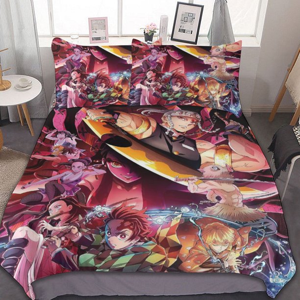Demon Slayer 3-Piece Bedding Set Warm And Comfortable Soft Duvet Cover Bed Set for Boys Girls Kids Adult Bedroom All Season