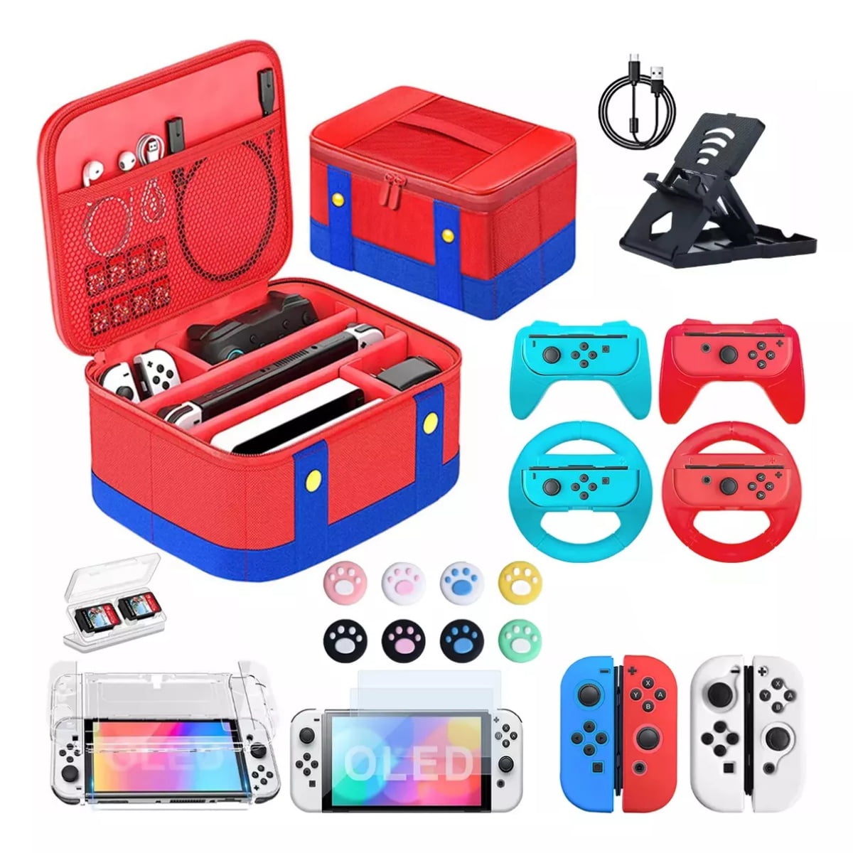 Genérico - Kit De Accesorios 23 En 1 Para Nintendo Switch Oled, Con Funda De Viaje, Mango De Volante, Controlador De Juego, Funda De Silicona, Funda Transparente, Soporte Para Juegos