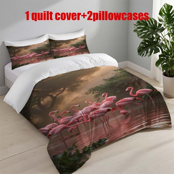 3pcs Flamingo Pink Feathers Themed Bedding Set | 1 Duvet Cover + 2 Pillowcases Polyester