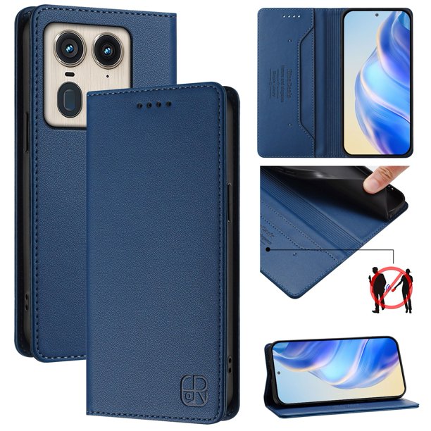 Funda Billetera con Soporte para Motorola Edge 50 Ultra 5G Bloqueo RFID Plegable Azul
