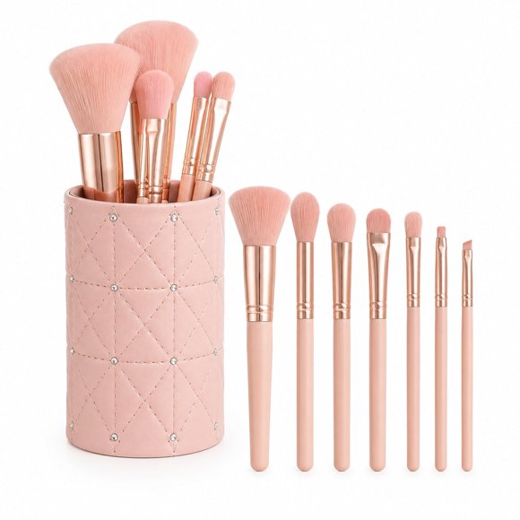 Set de 9 brochas de maquillaje Sweet Beauty con porta brochas rosa