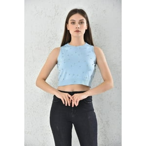 Home Fashion - Polera Mujer Crop Azul Cuello Alto Talla S