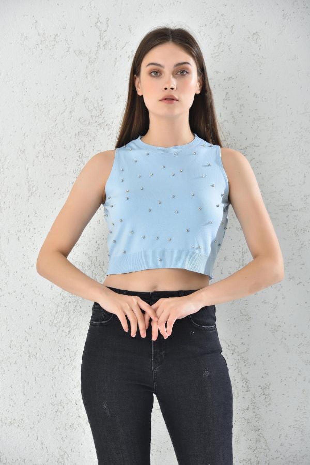 Home Fashion - Polera Mujer Crop Azul Cuello Alto Talla S