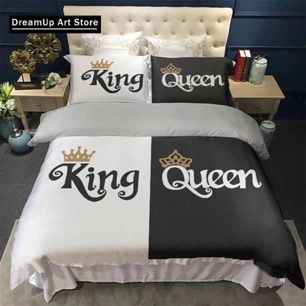 Couples Modern Crown Black White Bedding Set Boys Girls Duvet Cover Pillowcase Bed Adult Bedroom