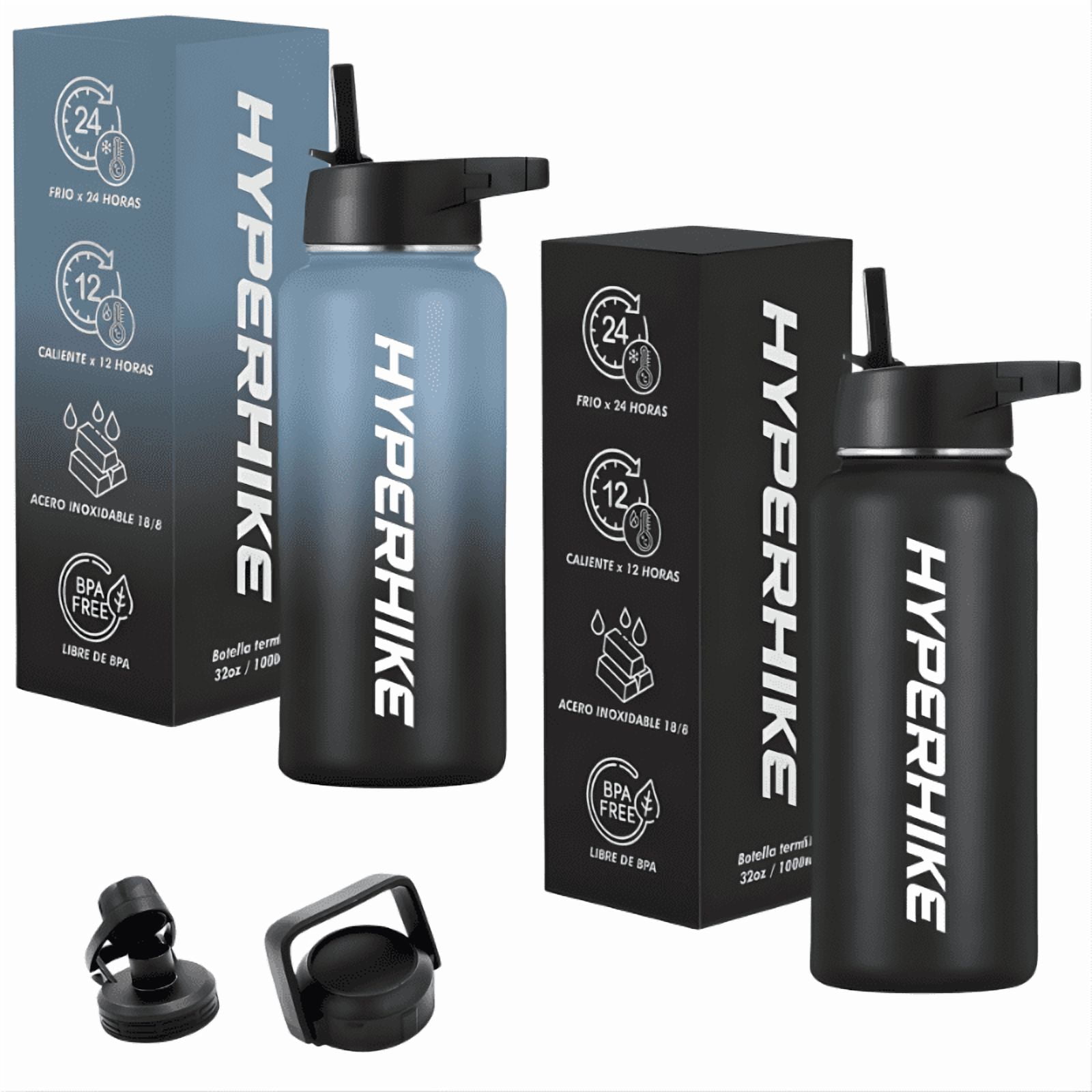 Pack 2 Termo Acero Inoxidable 1lt Hyperhike + 6 Tapas Azul/ Negro