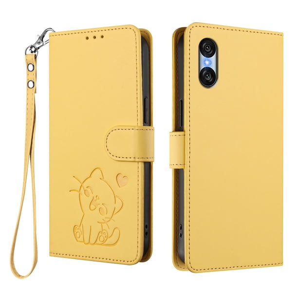 Funda Volteable con Diseño de Gato para Sony Xperia 10 VI, Amarillo