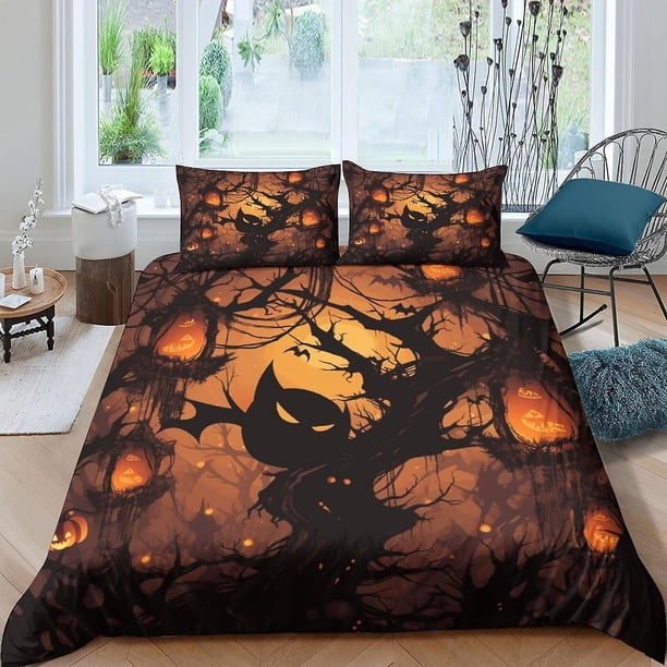 Juego de ropa de cama con funda nórdica de Halloween, funda nórdica de calabaza, funda de edredón de microfibra suave con fundas de almohada, 3 piezas para niños y adultos.