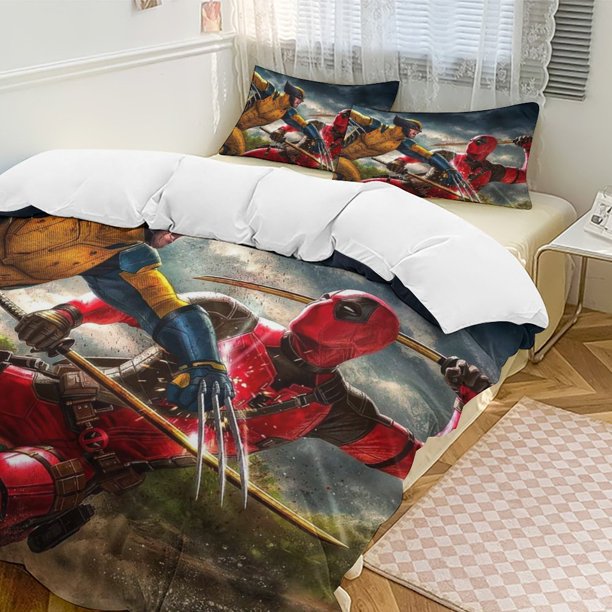 Deadpool Wolverine Family Bed 3 Piece Set Personalized Bedding Decor for Kids And Teens Anime Student Dormitory Cover