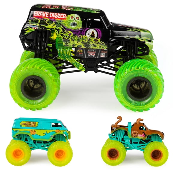 Camiones fundidos a presión Monster Jam Curse of The Gasoline, paquete de 3