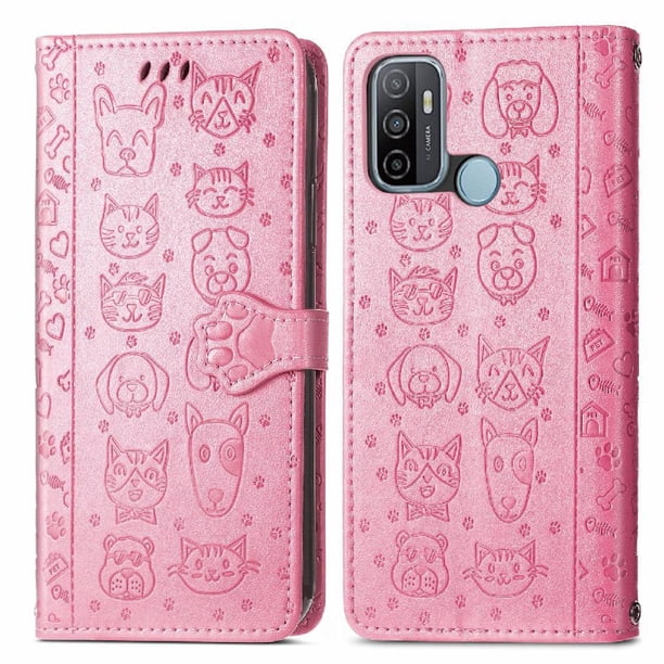 Funda Cartera FOXDOCK para OPPO A53 2020 , Flip PU con Relieve de Gatos y Perros, Tarjetero y Soporte
