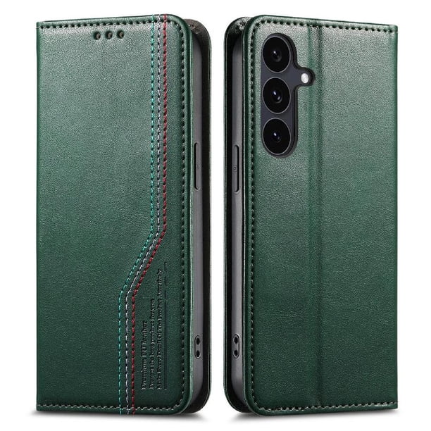 Funda tipo cartera para Samsung Galaxy S24 Plus de piel con cierre magnético, ranuras para tarjetas y correa para la muñeca Verde