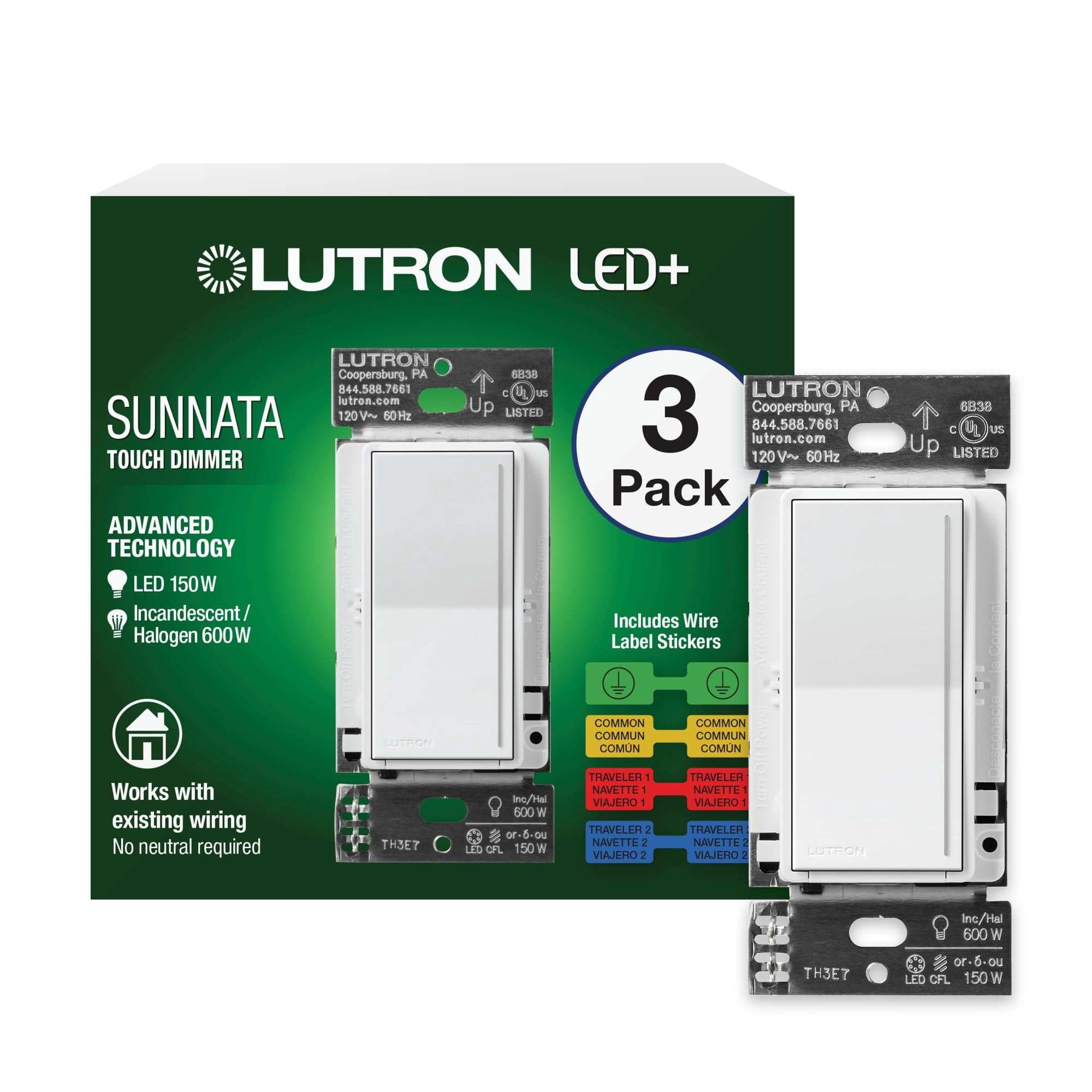 Interruptor De Intensidad Lutron Sunnata Touch Led+ 150 W/600 W Blanco, Paquete De 3