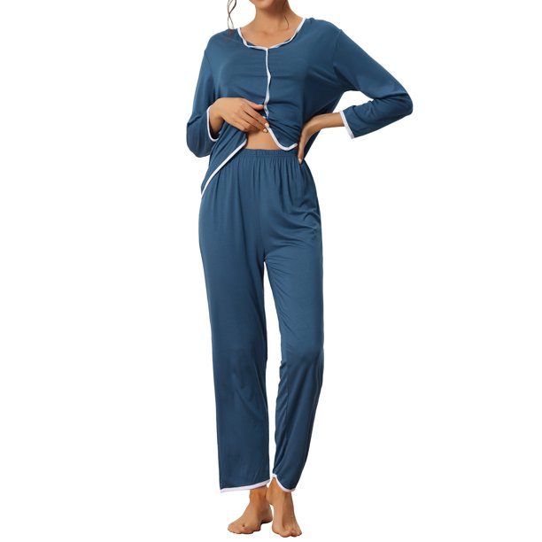 INSPIRE CHIC Conjunto de Pijama de Mujer de Rayón con Manga Larga y Cuello con Muesca, Ropa de Dormir con Ribete en Contraste, Conjunto de Pantalones Suaves para Estar en Casa L Azul Lago