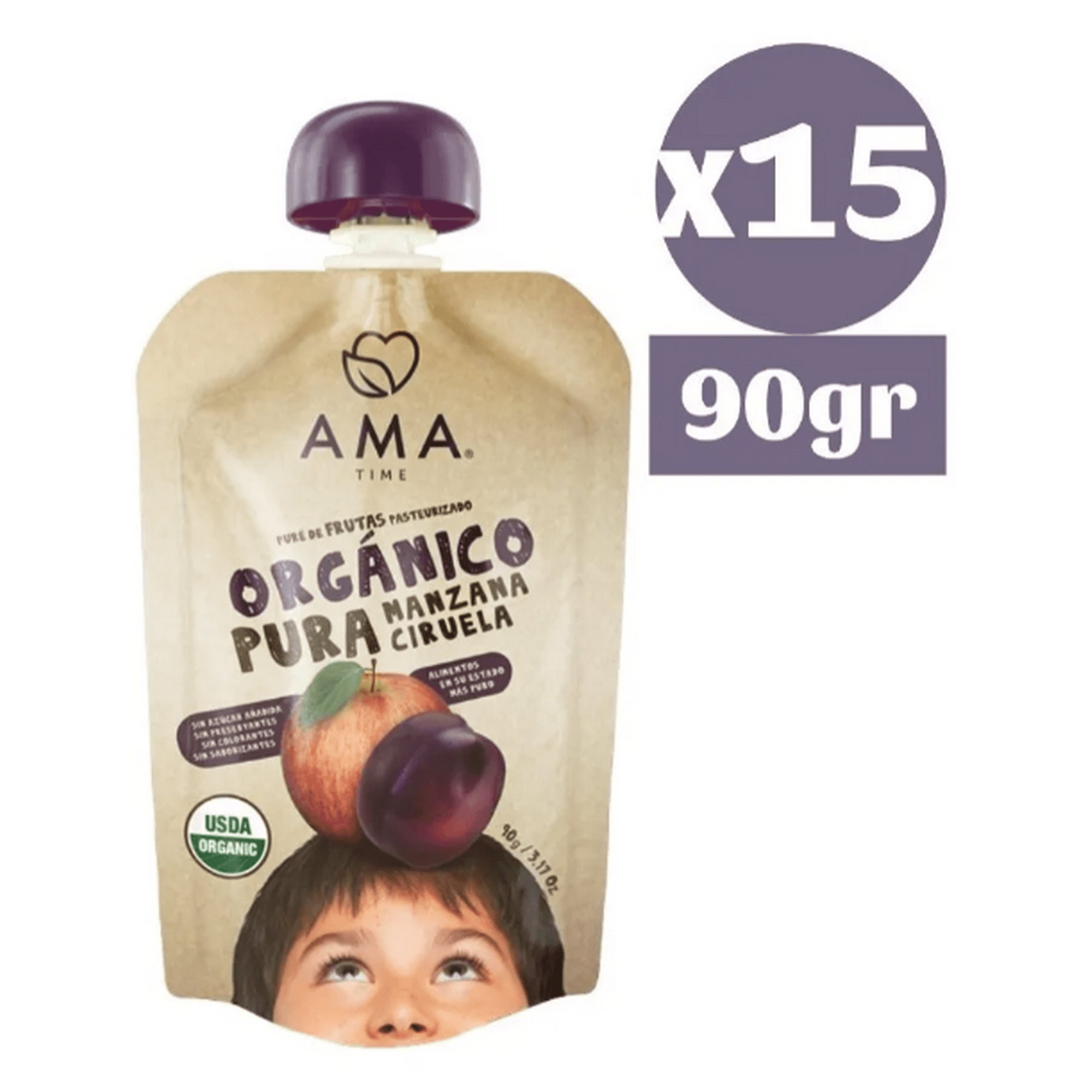 Ama Time - Pack 15x Ama Pure Fruta Manzana Ciruela Orgánico Papilla Compota