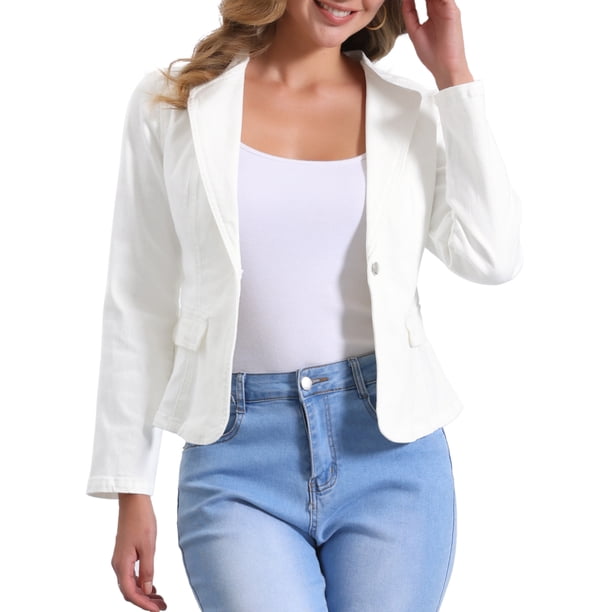 INSPIRE CHIC Chaqueta de Jean Elástica para Mujer de Regreso a Clases con Cuello de Solapa y Un Botón de Manga Larga para Trabajo XS Beige
