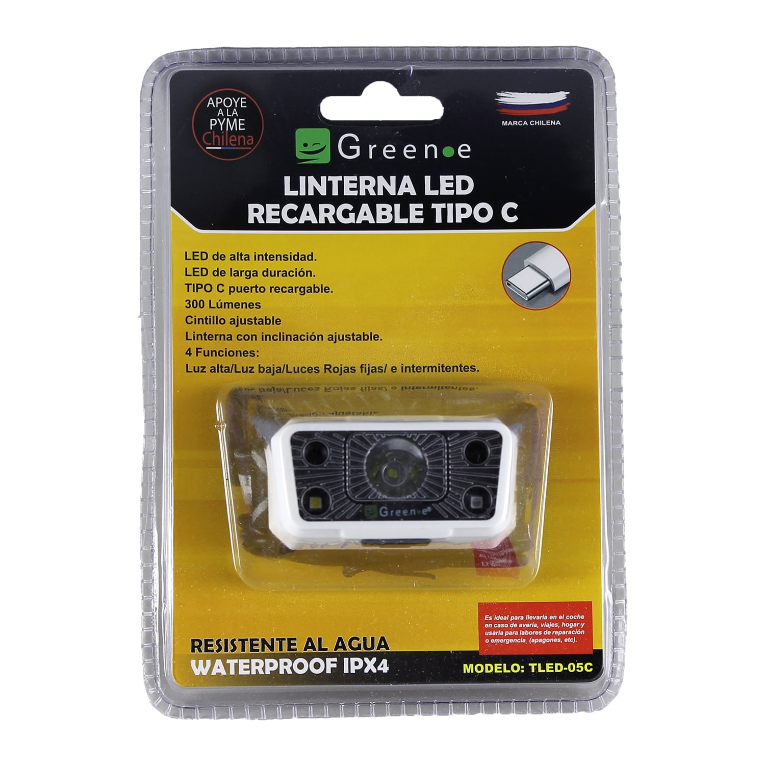 Green E - Linterna Cintillo Recargable Puerto C 300 Lumenes
