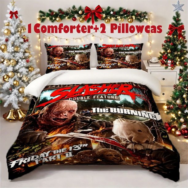 Friday the 13th Jason Voorhees Horror Movie Bedspread Set - Officially Inspired Bed Sheets & Duvet Cover with Iconic Hockey Mask Logo Zippered Closure