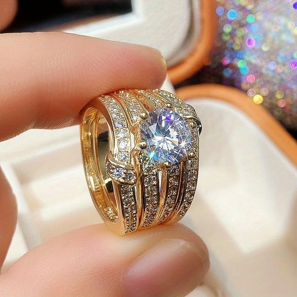 3pcs Luxury 18k Gold Plated Zircon Set Ring for Women - Fashionable Engagement and Wedding Jewelry
