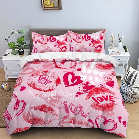 3 piece matte polyester bedding set, skin friendly, warm, comfortable, warm pink surface, red lip print with a heart pattern