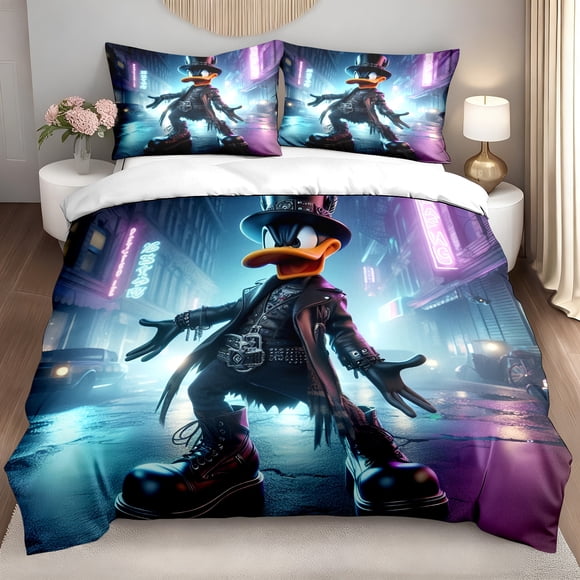 3pcs Bedding set Warner'S Punk Duck Cyber City Neon Lights Print Bedding Set | Gothic Cartoon Duvet Cover Valentine'S Day Bedroom Decor Gift For Couples