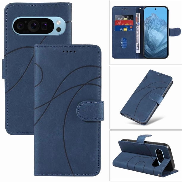 Funda tipo cartera con tapa para Google Pixel 9 5G con tarjetero, soporte y cubierta magnética Azul