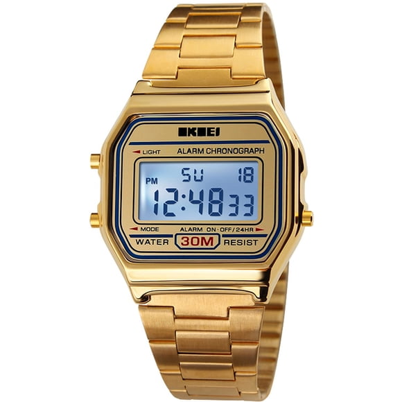 Reloj PASOY digital de acero inoxidable dorado para hombre con retroiluminación