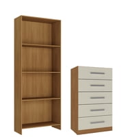 Movelaria - Combo Cómoda 5 Cajones Off White + Librero Color Natural R0516