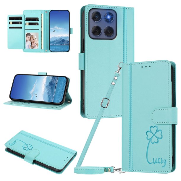 Funda Cartera Trébol para Motorola Edge 2025 5G con Ranuras Tarjetas y Carga Inalámbrica Verde menta