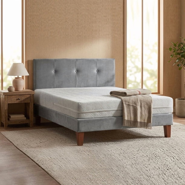 Cama Europea Zen Best 1.5 Plazas 190 cm colchon Espuma Con Funda Velvet Gris + Respaldo