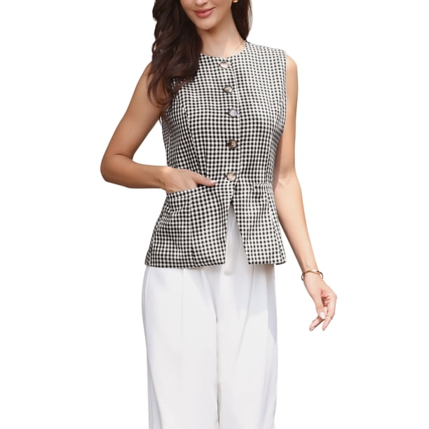 INSPIRE CHIC Chaleco de Traje a Cuadros para Mujer Gingham Sin Mangas Oficina Cuello Redondo Blazer Chaleco de Negocios XS Negro