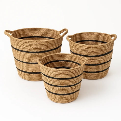 Estilodomus - Set De 3 Cestas De Organización Rústicas Con Franjas Negras Macetas