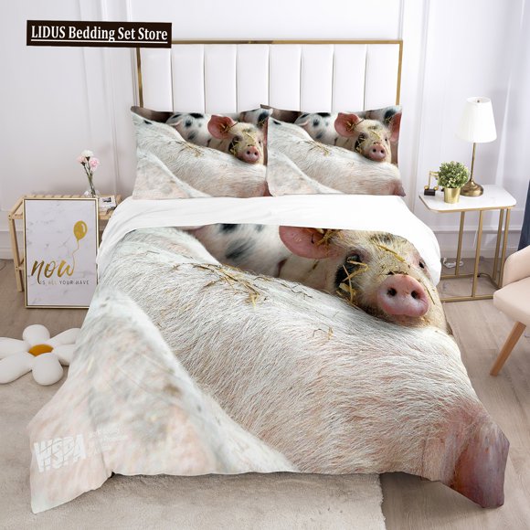 v1138 Bed Sheets Pig Duvet Cover Set Pig Play Guitar Cute Animals Theme King Queen Twin Full Size For Kids Boys Girls Teens Polyester Bedding Set 3-Piece Bedding Set (1 Duvet Cover + 2 Pillow Shams) B