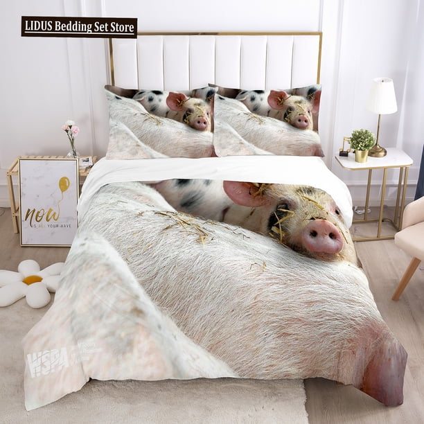 v1138 Bed Sheets Pig Duvet Cover Set Pig Play Guitar Cute Animals Theme King Queen Twin Full Size For Kids Boys Girls Teens Polyester Bedding Set 3-Piece Bedding Set (1 Duvet Cover + 2 Pillow Shams) B