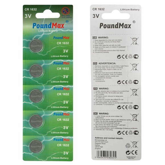 Pila de botón de litio PoundMax CR1632 3V, paquete de 5