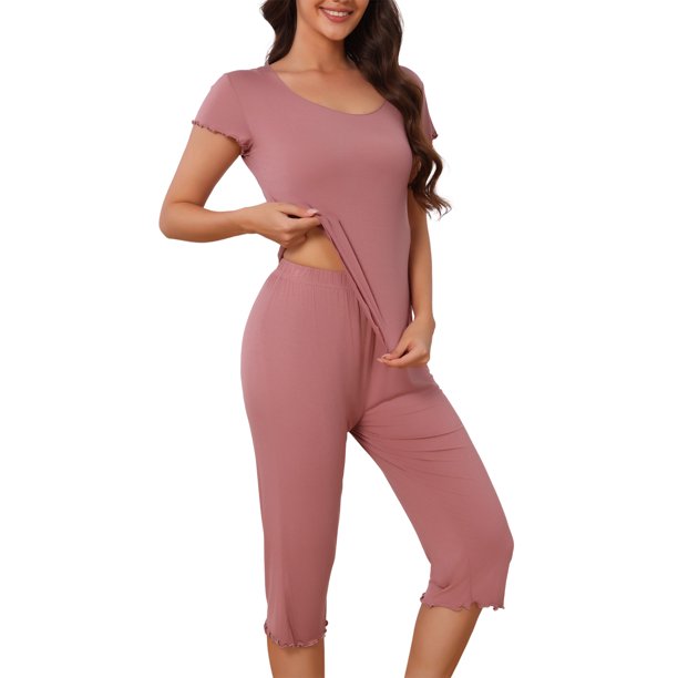 INSPIRE CHIC Conjunto de Pijama Capri para Mujer con Volantes, Manga Corta, Cuello en U, Pantalones Recortados, Ropa de Casa Refrescante de Verano, L Rosa