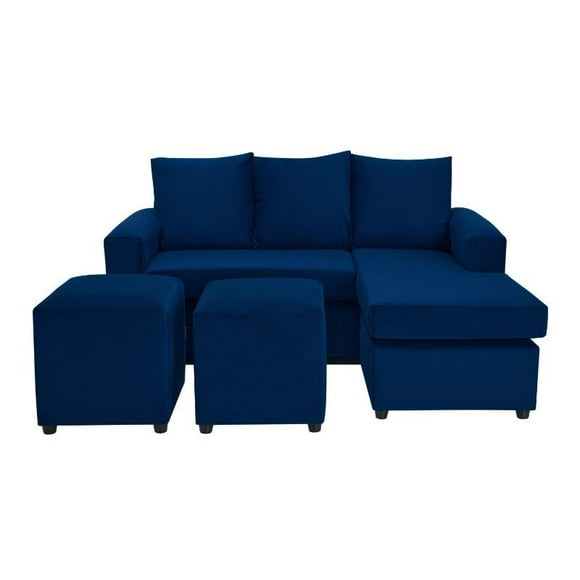 Living Bi-L Sofa 3 Cuerpos En L + 2 Poufs Felpa Azul Marino