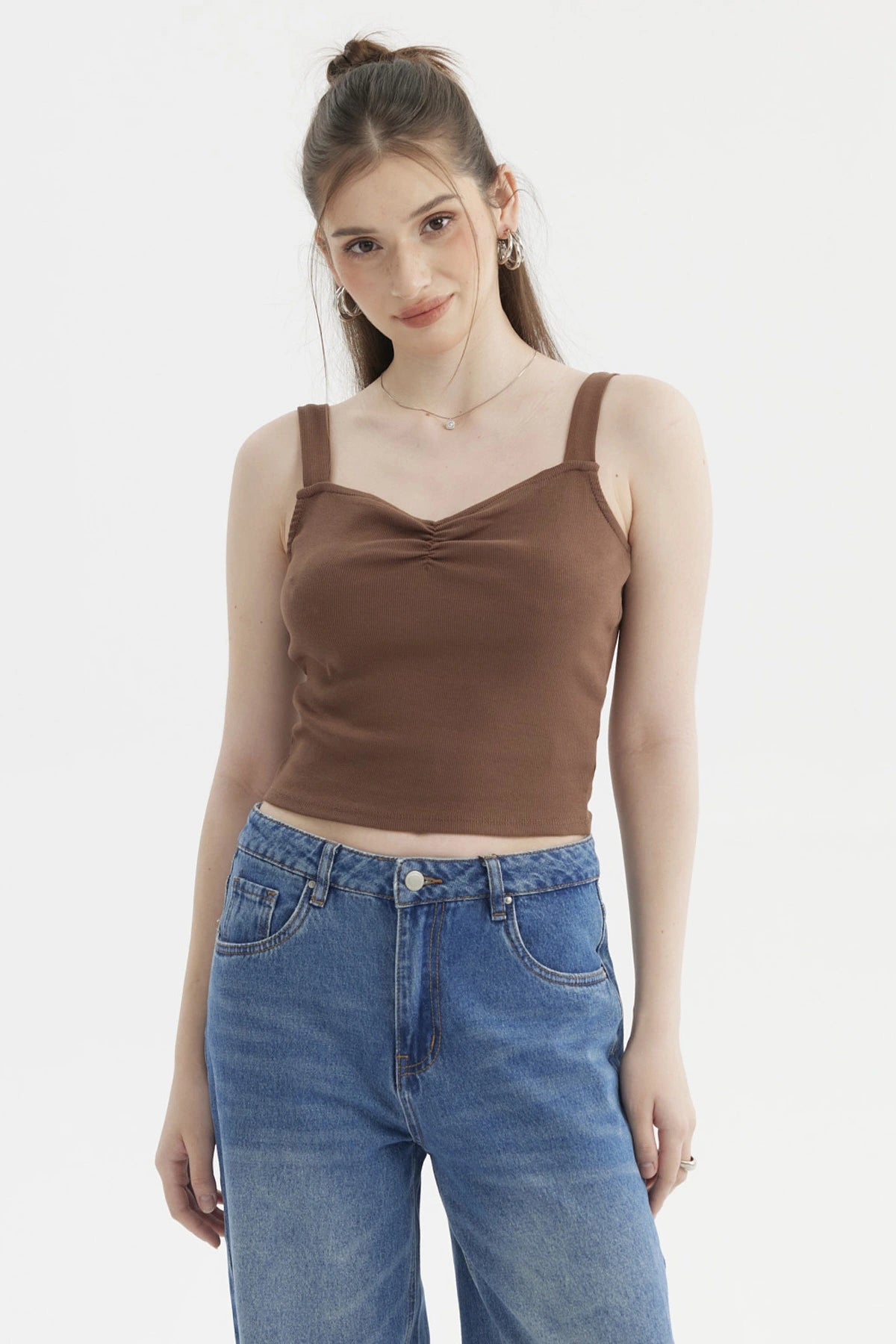 Fashionspark - Polera Mujer Escote Corazón Y Recogido Café Oscuro