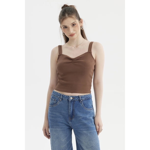Polera Mujer Escote Corazón Y Recogido Café Oscuro