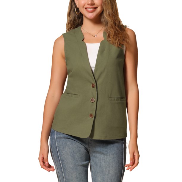INSPIRE CHIC Chaleco de Mujer sin Mangas con Botones de Algodón y Lino Cuello en V Chaqueta Casual S Verde Militar